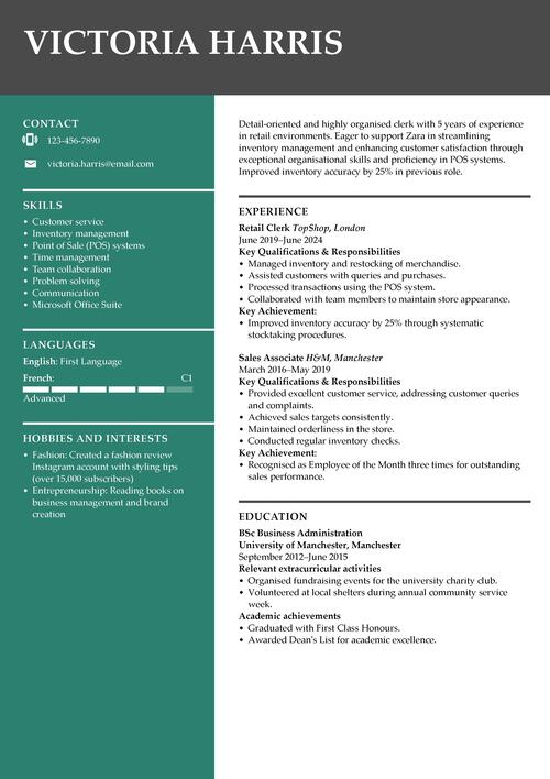 Zara CV example